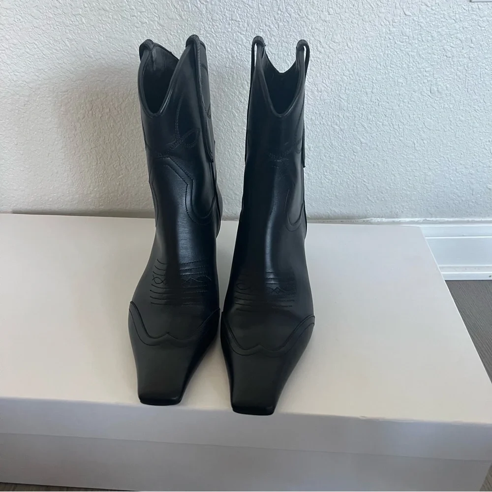 Khaite Dallas Black Leather Ankle Boots Bootie Size 37 Short Western - Picture 11 of 11